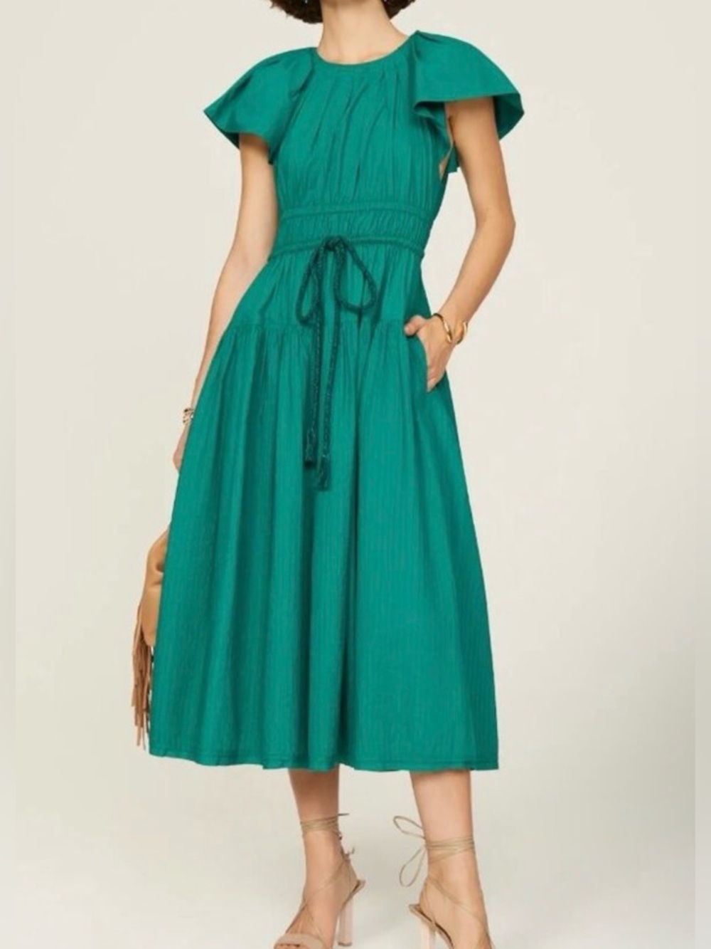 Ulla Johnson Green Gathered Neckline Dress with Gold Zip